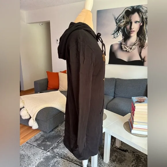 True Religion Black Hoodie Dress with Gold Sequin Horseshoe - Picture 3 of 6